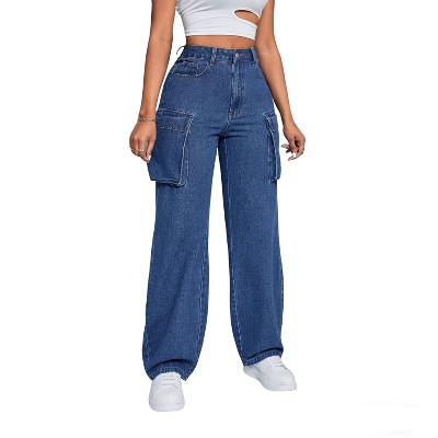 Women's Fashion Cargo Jeans High Waisted Wide Leg Denim Pants with Utility Pockets