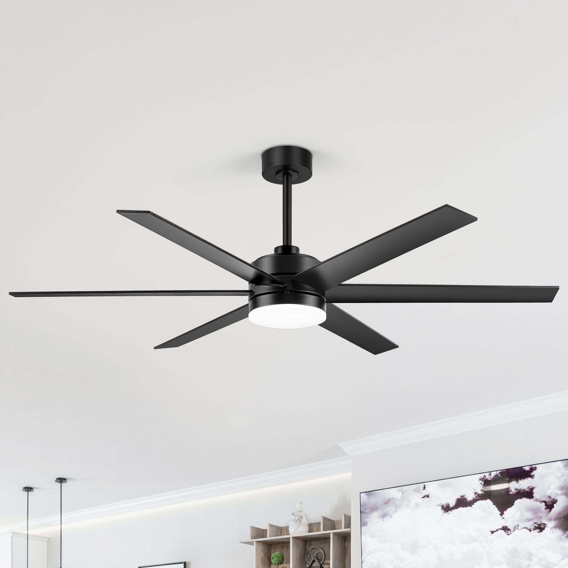 Airsurfer 65" Black Color-Changing LED Chandelier Ceiling Fan, Black with Plywood Blades, 6-Blade, Remote Included