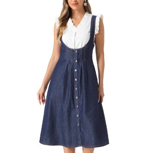 INSPIRE CHIC Women's Button Front Classic U Neck Overall Denim Midi Dress with Pockets - 1 of 4