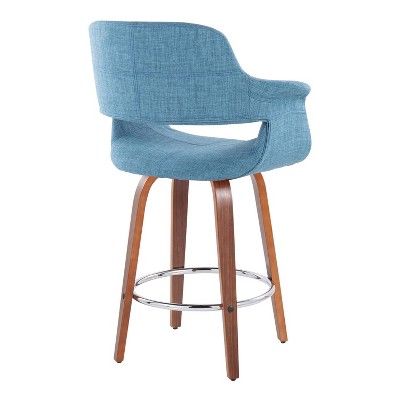 Set of 2 Blue Swivel Walnut Wood Counter Stools