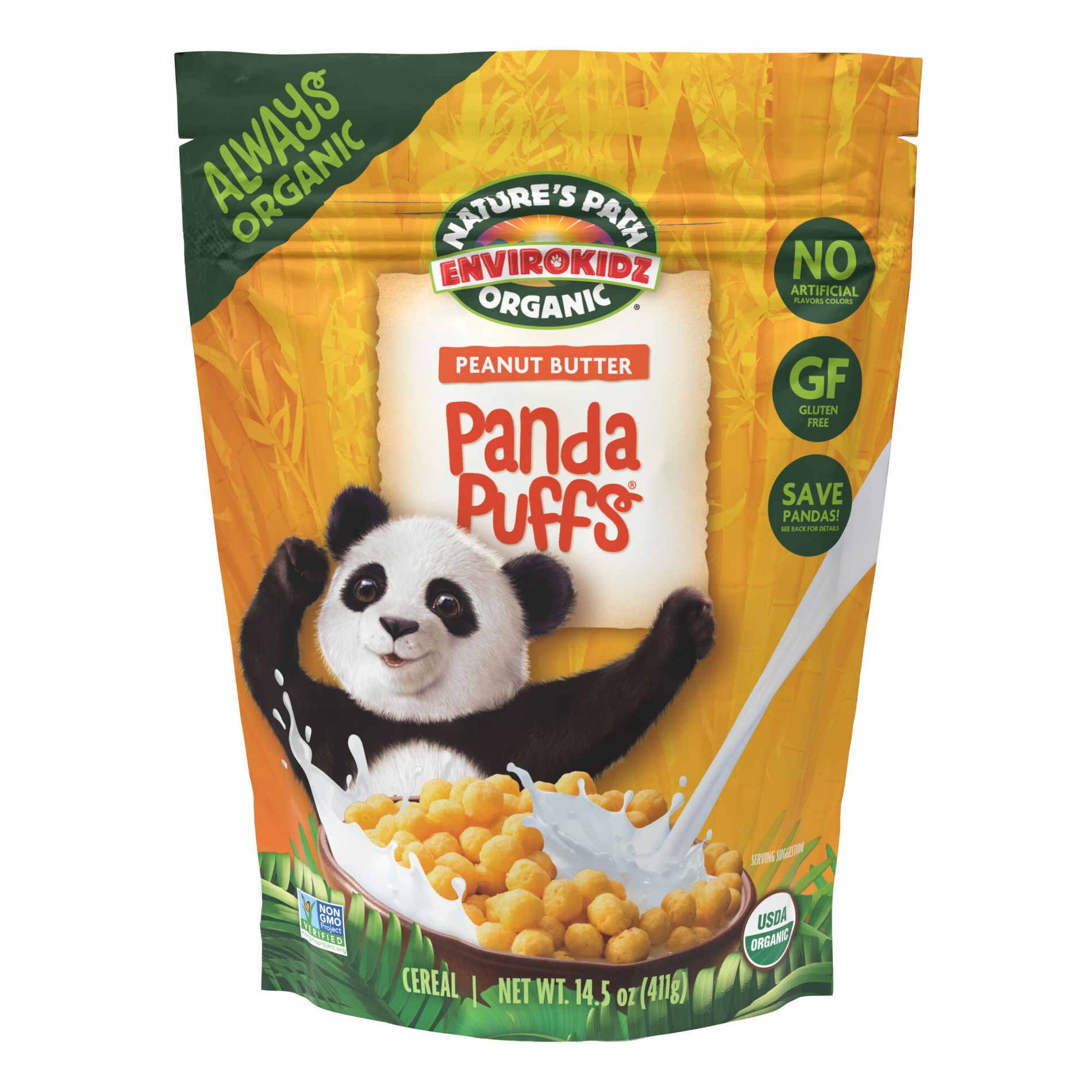 Nature's Path EnviroKidz Organic Gluten Free Peanut Butter Panda Puffs Large Size Breakfast Cereal Pouch - 14.5oz