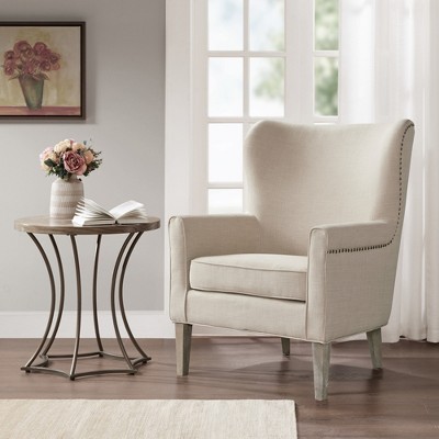 Elegant Natural Wood Wingback Accent Chair with Nailhead Trim