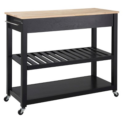 Black and Natural Wood Kitchen Cart with Wine Rack