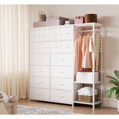 Tall Dresser for Bedroom with 16 Drawers & Clothes Rack & 2 Storage Shelves, Fabric Dressers & Chests of Drawers