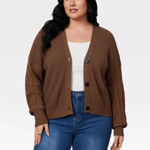 Womens Plus Size Cardigan Long Sleeve Cable Knit Sweater Front Button Down Rib Knitted Sweaters Above Hip Knit Shrugs Fall Cardigans - 1 of 4