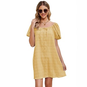 Clearlove Women Summer Back Bow Tie Mini Dress Square Neck Puff Short Sleeve A Line Dress - 1 of 4