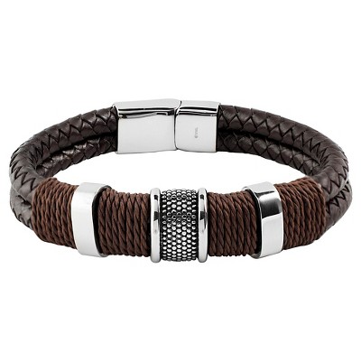 Men's Black Leather and Steel Braided Bracelet 