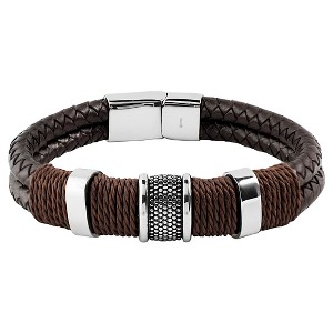 Men's Crucible Brown Twine Stainless Steel Accents Woven Braided Leather Bangle Bracelet (12mm) - Black (8.5") - 1 of 3