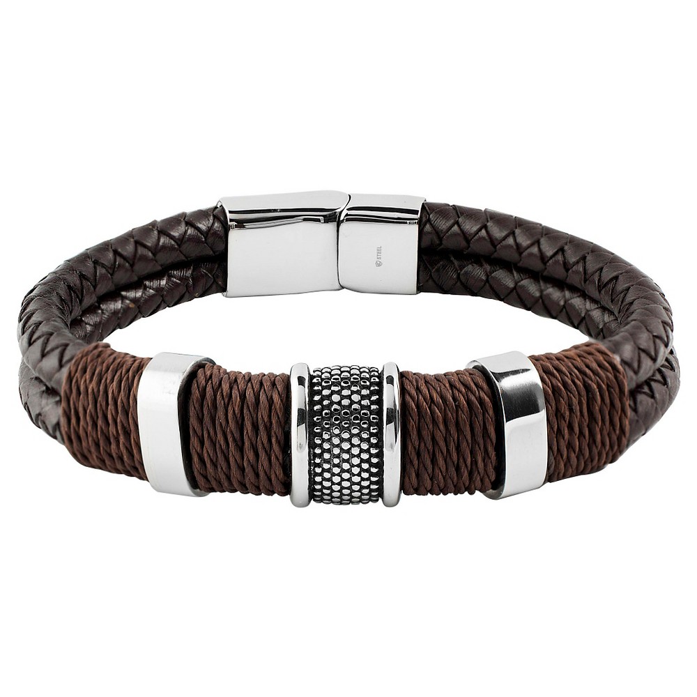 Photos - Bracelet Men's Crucible Brown Twine Stainless Steel Accents Woven Braided Leather B