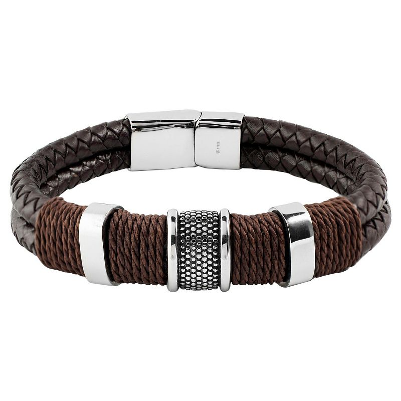 Men&#39;s Crucible Brown Twine Stainless Steel Accents Woven Braided Leather Bangle Bracelet (12mm) - Black (8.5&#34;), 1 of 4