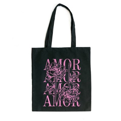 City Creek Prints Amor Floral Grunge Canvas Tote Bag - 15x16 - Black