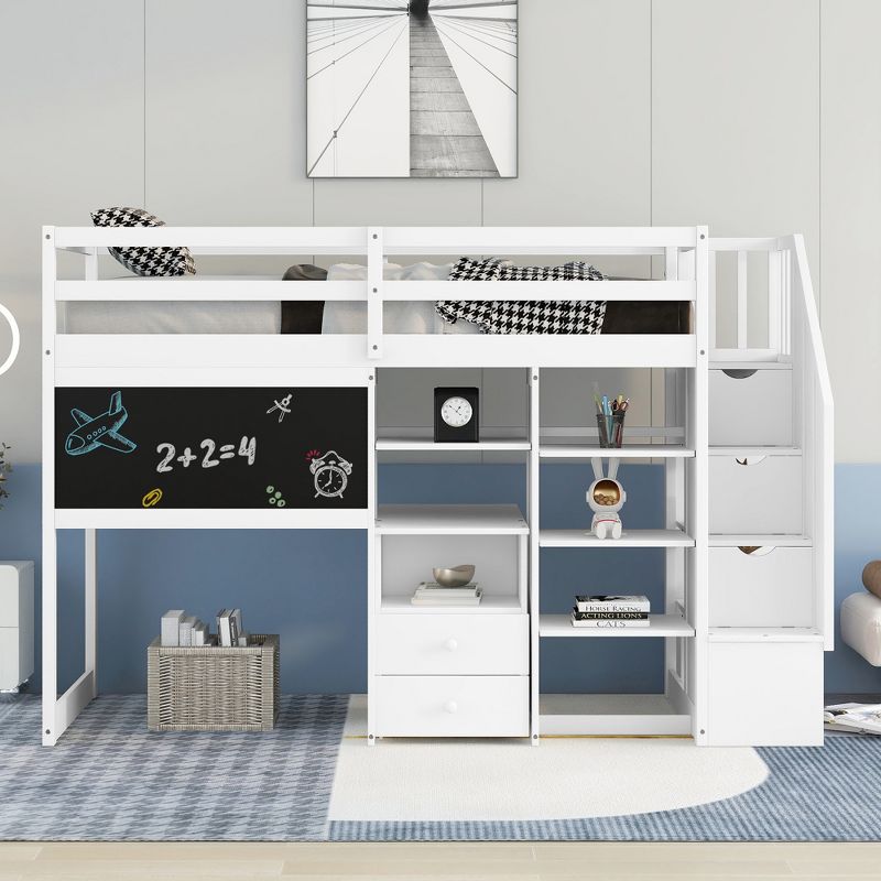 Twin Size Wood Loft Bed with Pullable Desk, Storage Shelves,Staircase and Blackboard-ModernLuxe, 3 of 11