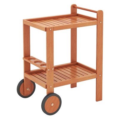 Tangkula 2-Tier Indoor/Outdoor Wood Bar Cart w/ Wine Bottle Holders & 2 Rubber Wheels