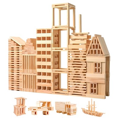 Play Build Wooden Building Blocks Set - 200-Piece Plank Block Construction Toys