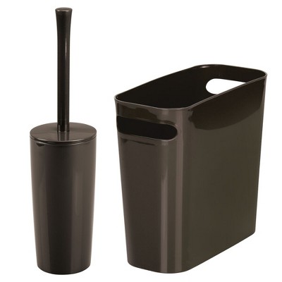 mDesign 2 Piece Plastic Bathroom Trash Can, Toilet Bowl Brush Set - Dark Brown