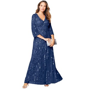 Roaman's Plus Size Beaded V-Neck 3/4 Sleeve Sleeve Maxi Gown - 1 of 4