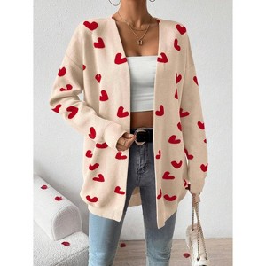 Heart Cardigan Sweater for Women Oversized Valentine Cardigan Cute Love Print Open Front Knit Sweaters Coat with Pockets - 1 of 4