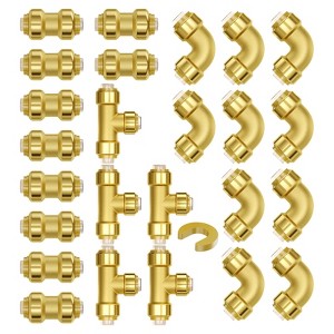 VEVOR Pipe Fittings, 1/2" 25PCS (10xStraight, 10xElbows, 5xTees) Brass Pipe Fittings, Push-Fit Pipe Connector Brass Air Fittings, Gold - 1 of 4
