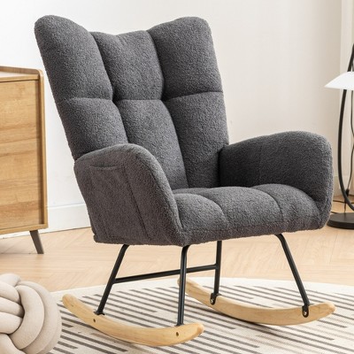 Aukfa Soft Teddy Fabric Rocking Chair w/Pocket - Ergonomic Nursery Glider, Solid Wood Base, 263LB Capacity for Living Room & Bedroom