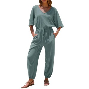 EXLURA Women's 2025 Summer Jumpsuits Casual Dressy One Piece Deep V Neck Batwing Short Sleeve Wrap Waist Romper with Pockets - 1 of 4