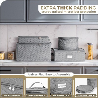 Gray Quilted Fabric Stackable Dinnerware Storage Cases Set