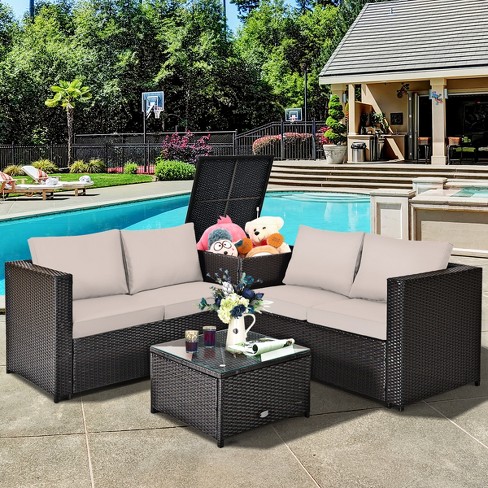 Tangkula 4 PCS Patio Rattan Furniture Set Wicker Conversation Set w Storage Box