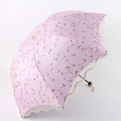 BEAFUP Embroidered Double Layer Lace Umbrella -Sun Protection, Compact 3-Fold Design for Women,Lightweight & Durable for Rainy/Sunny Days