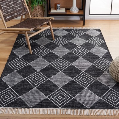 Handmade Black and Ivory Synthetic Square Flat Woven Rug
