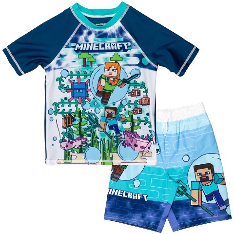 Minecraft Alex Steve Big Boys Rash Guard and Swim Trunks Outfit Set Blue 8