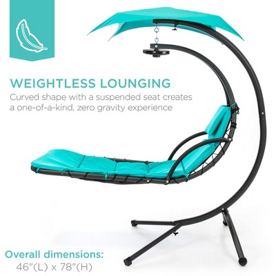 Teal Hanging LED-Lit Curved Chaise Lounge Chair with Canopy and Stand