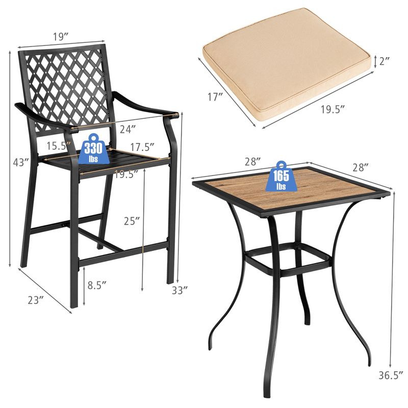 Costway 3 PCS Patio Bar Stool Square Table Bistro Set Cushioned Chairs Armrest, 3 of 11