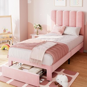 Twin Bed Frame with Under-Bed Drawer, Upholstered Platform Bed with Wave Headboard for Kids/Girls - 1 of 4