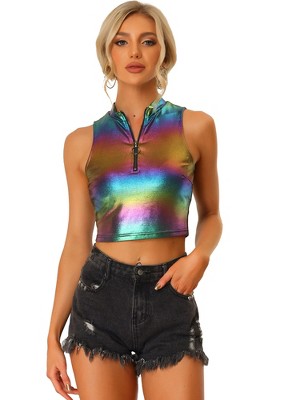Allegra K Women's Metallic Mock Neck Zip-Up Shiny Holographic Crop Tank Top