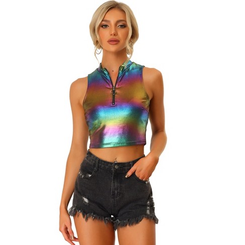 Allegra K Women s Metallic Mock Neck Zip Up Shiny Holographic Crop Tank Top Multicolor Black Medium