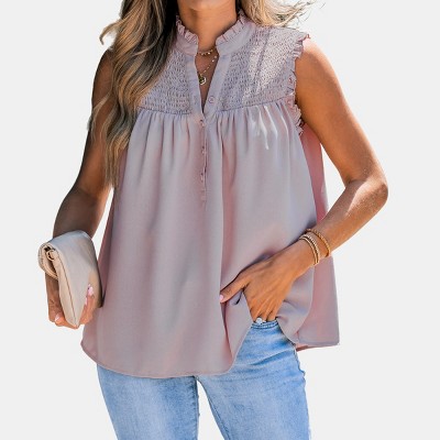 Women's Smocked Half-Placket Top - Cupshe-S-Pink