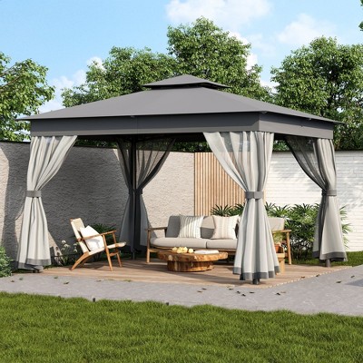 Outdoor Gazebo Tent 10 ft. x 12 ft. Grey Double Roof Mosquito Net Tent