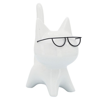 Sagebrook Home 8" Porcelain Kitten Statue - White Kitty with Glasses Decorative Sculpture - Contemporary Creative Home or Office Table or Desktop