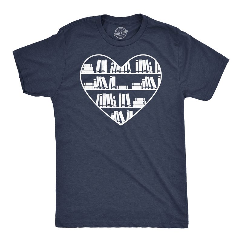 Mens Bookshelf Heart Funny T Shirt Reading Graphic Tee for Men - Crazy Dog Men's T Shirt for Nerds Navy S