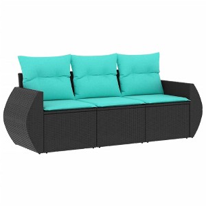 vidaXL 3 Piece Patio Sofa Set with Cushions Black Poly Rattan - Black and Blue Without Table - 1 of 4