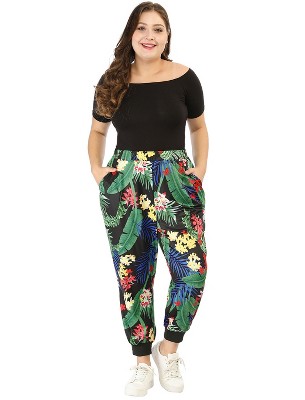 Agnes Orinda Women's Plus Size Adjustable Elastic Waist Tropical Pockets Harem Jogger Pants