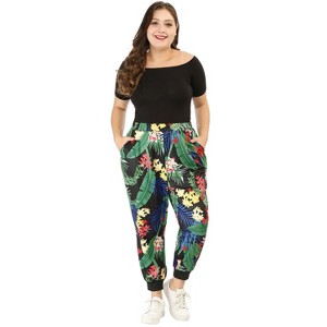 Agnes Orinda Women's Plus Size Adjustable Elastic Waist Tropical Pockets Harem Jogger Pants - 1 of 4