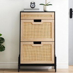 Shoe Storage Cabinet with 2 Flip Doors and Drawers, Natural Rattan Shoe Organizer with Metal Legs and Adjustable Shelf, Freestanding for Entryway - 1 of 4