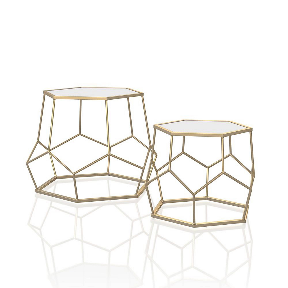 Photos - Coffee Table 2pc Gandry Mirrored Geometric Nesting Tables Gold - miBasics: Hexagon Fram