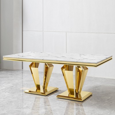 Marble Rectangular Dining Table with Gold Stainless Steel Base 70 Inch Dining Table Set for 6 for Dining Room,Living Room-The Pop Home