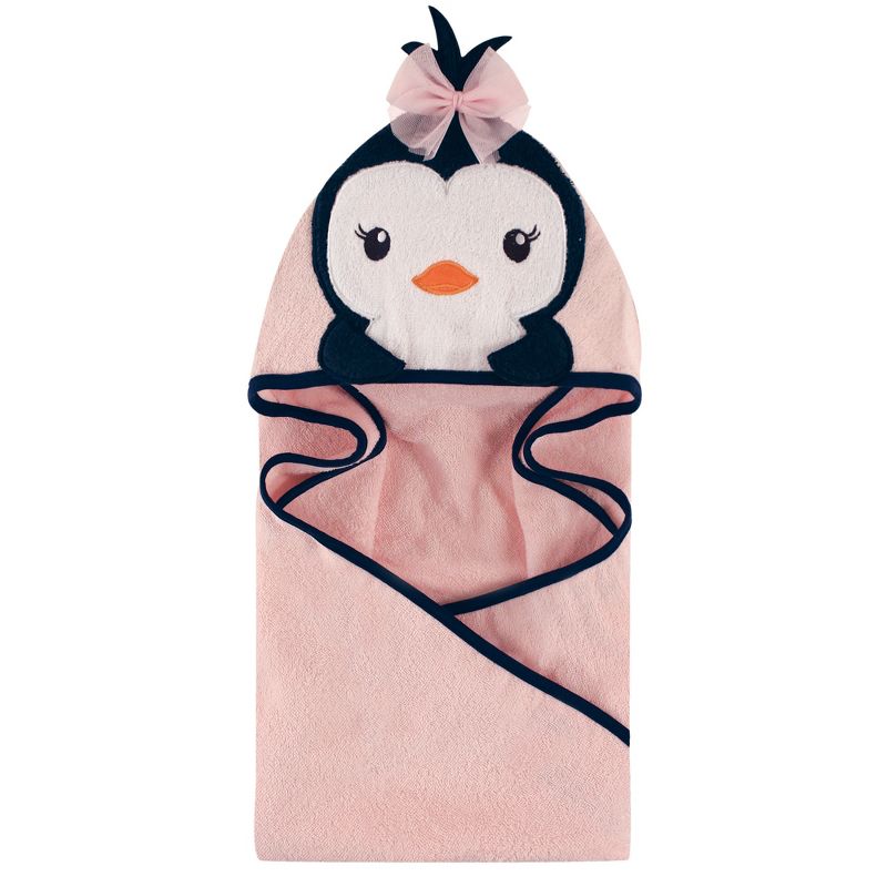 Hudson Baby Infant Girl Cotton Animal Face Hooded Towel, Miss Penguin, One Size, 1 of 3