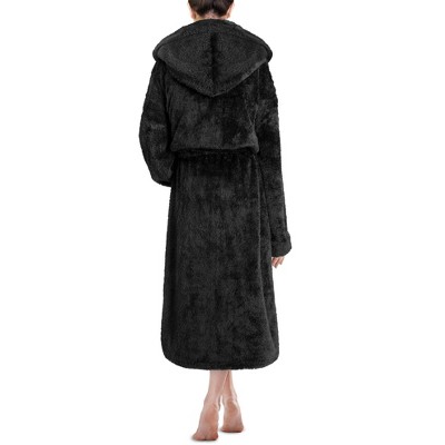 Large-X-Large Black Hooded Fleece Bathrobe with Pockets