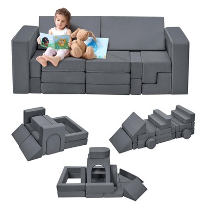 Kids Couch for Building Fort Toy,22pcs DIY Toddler Sofa,Velvet Toddler Futon Sofa Bed for Playroom, Bedroom,Grey