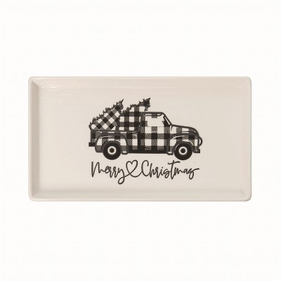 Transpac Ceramic White Christmas Buffalo Check Truck Tray