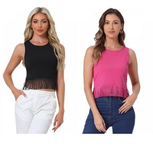 INSPIRE CHIC Women's Ribbed Knit Crew Neck Sleeveless Crop Tassel Trim Tank Tops 2 Packs - 1 of 4
