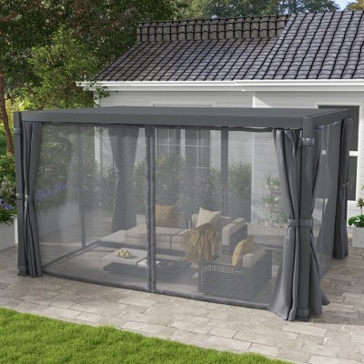 Dark Gray Aluminum Pergola with Adjustable Louvered Roof and Curtains